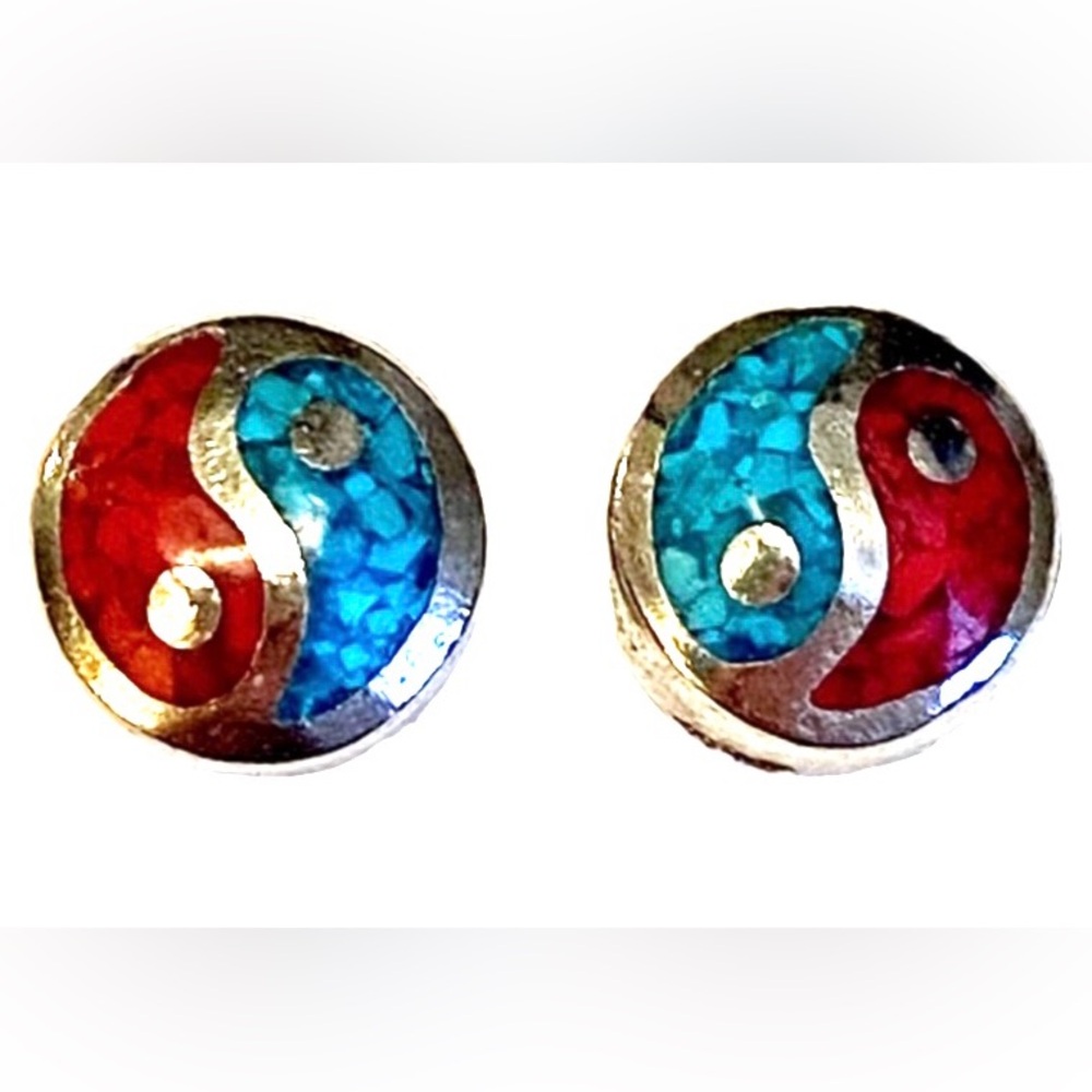 Vintage Ying Yang Earrings Sterling Silver Stone
